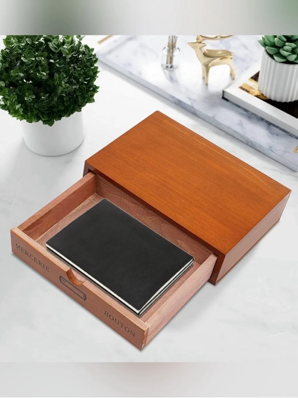 Wooden Mercerie Bouton Button Drawer Box - Warm Brown